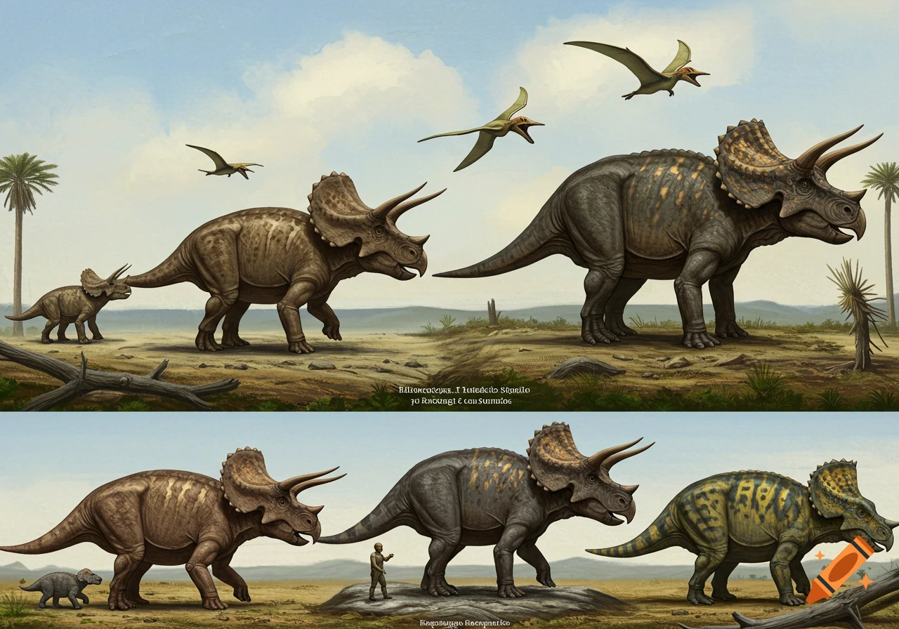 Two panels show Triceratops of different sizes in a prehistoric landscape, with pterodactyls flying.