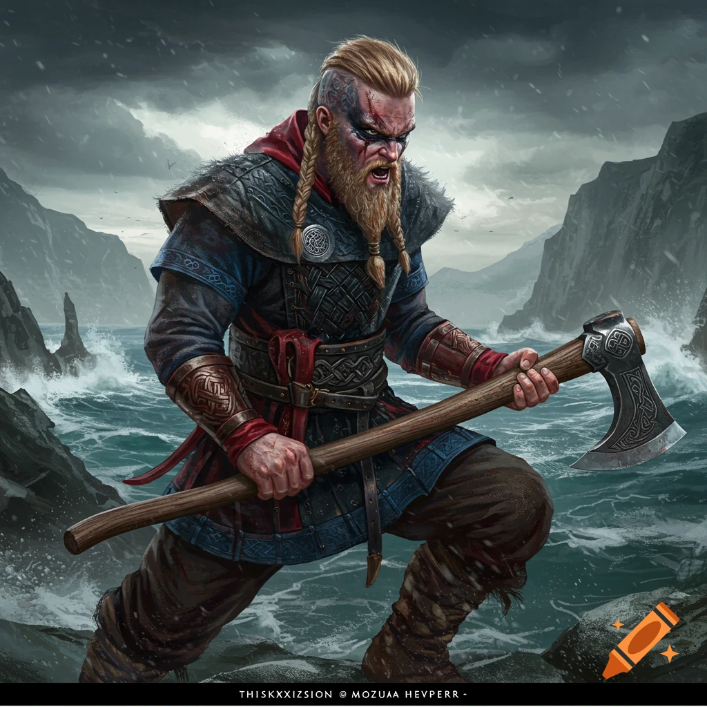A fierce Viking warrior with braids and war paint holds an axe on a rocky coast.
