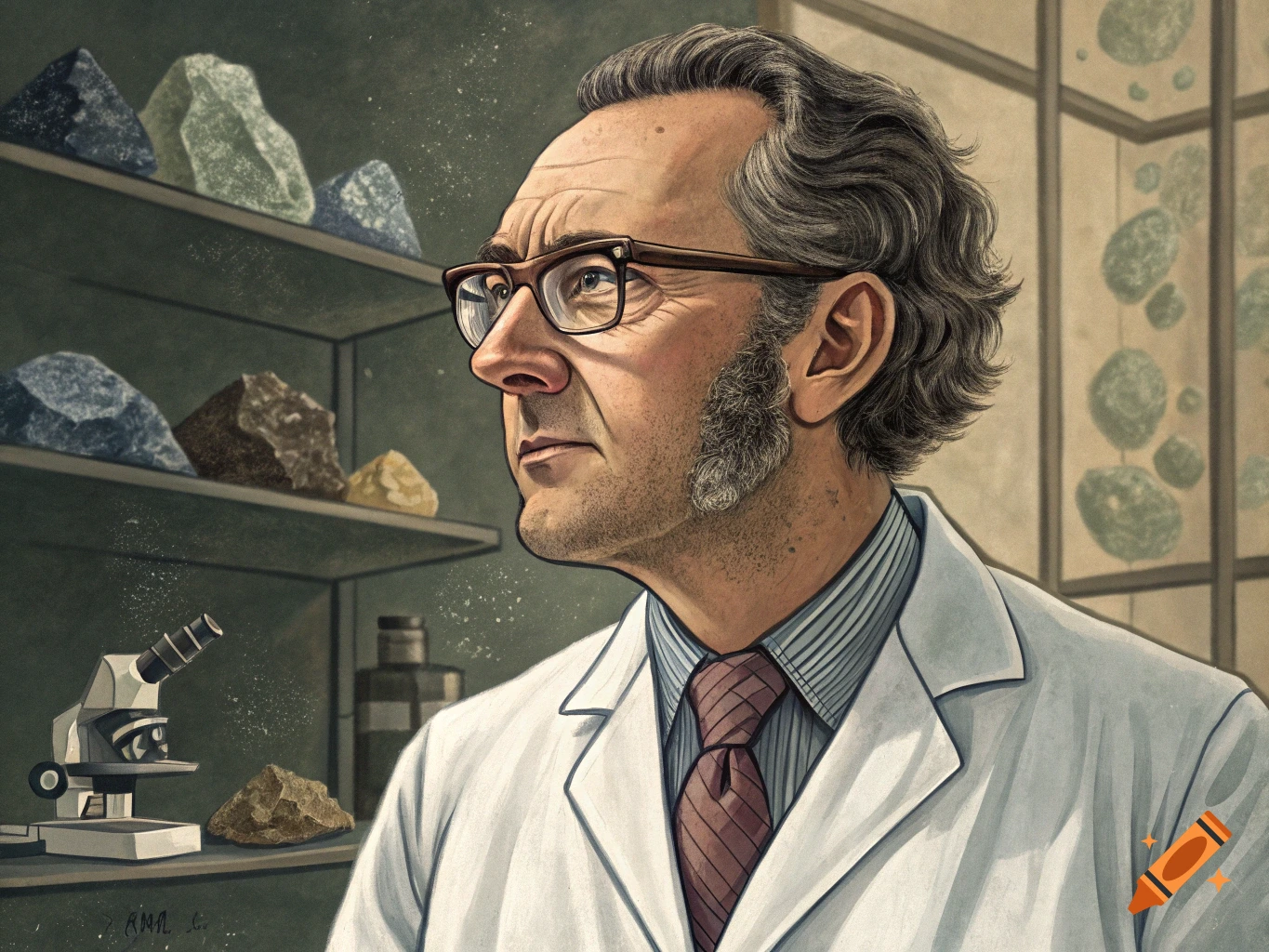 Portrait of a geologist in a lab coat and glasses in a geology lab with rocks and a microscope, illustrated style.
