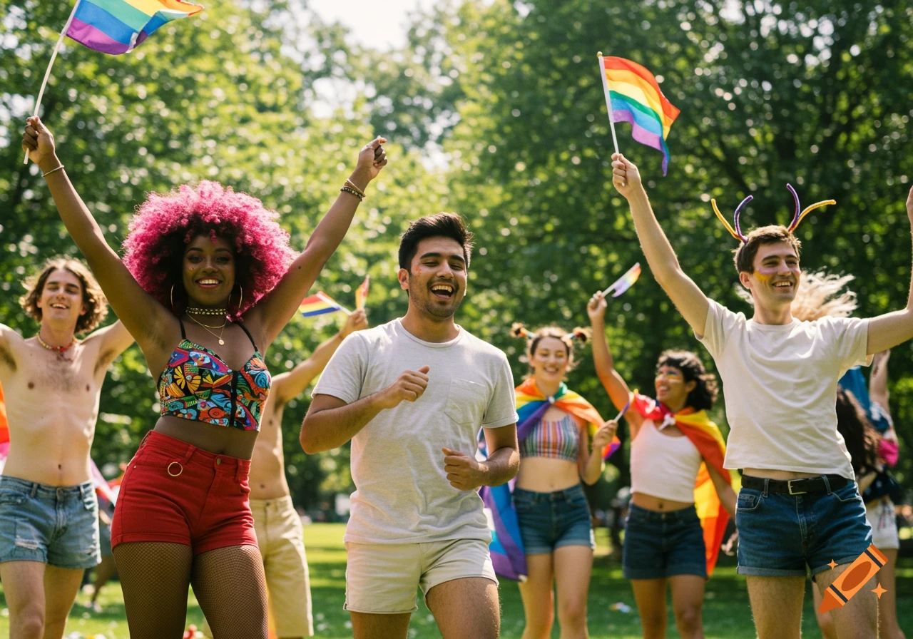 Diverse group of people celebrating outdoors with rainbow flags.