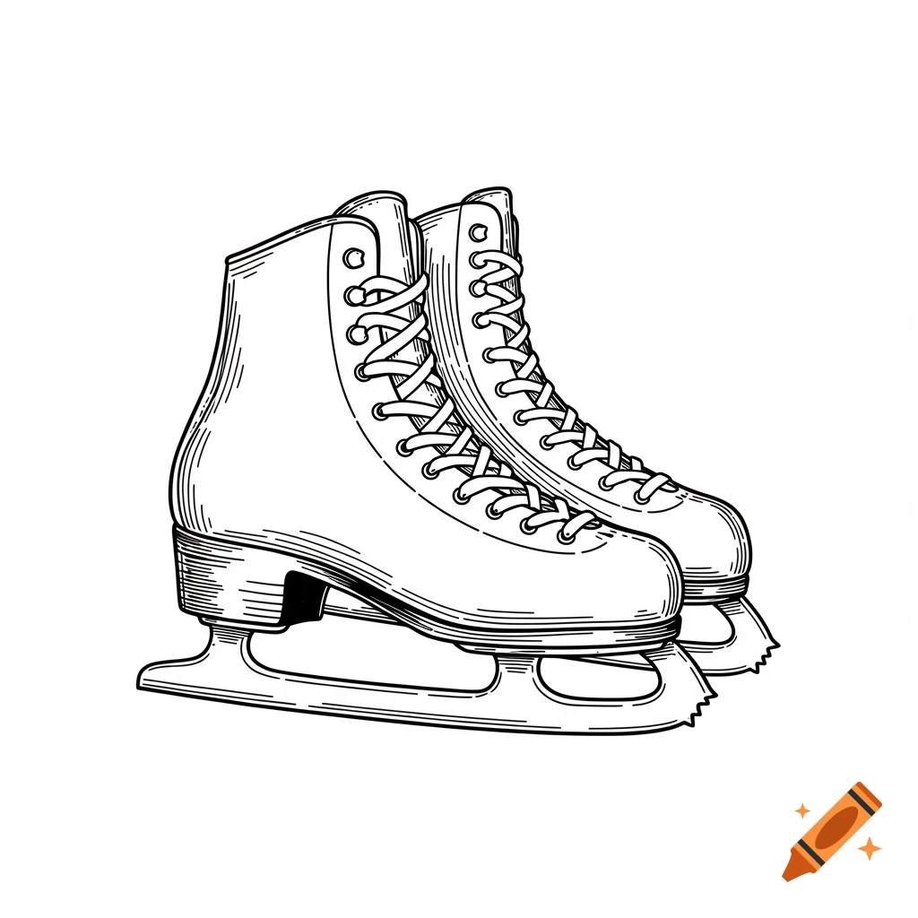 Black and white outline drawing of a pair of figure skates