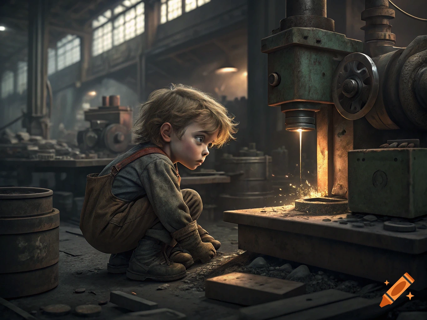 Young boy squatting, watching sparks fly from machinery in a dim factory.