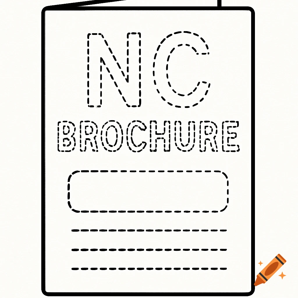 Black and white outline drawing of a brochure cover with traceable text "NC BROCHURE" and lines.