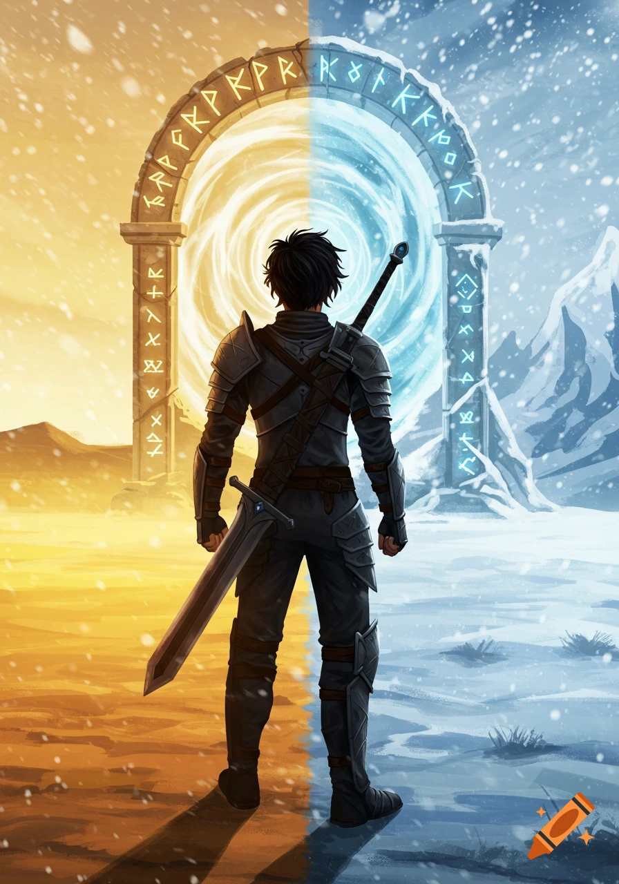 Person in armor stands before a glowing portal splitting desert and winter landscapes.