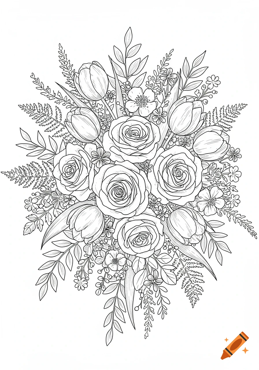 Line drawing of a detailed floral bouquet with roses, tulips, and filler.