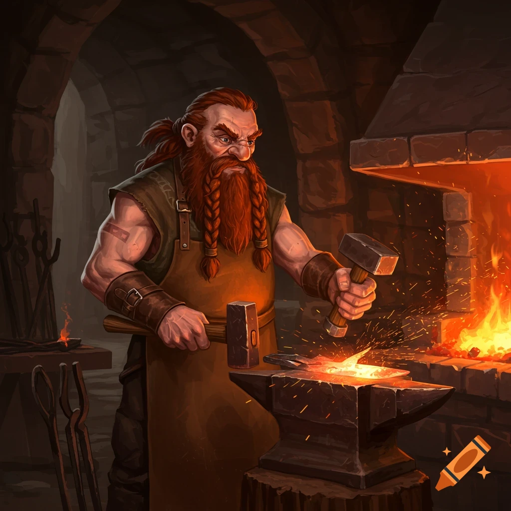 A muscular dwarf blacksmith hammers hot metal on an anvil in a glowing forge.