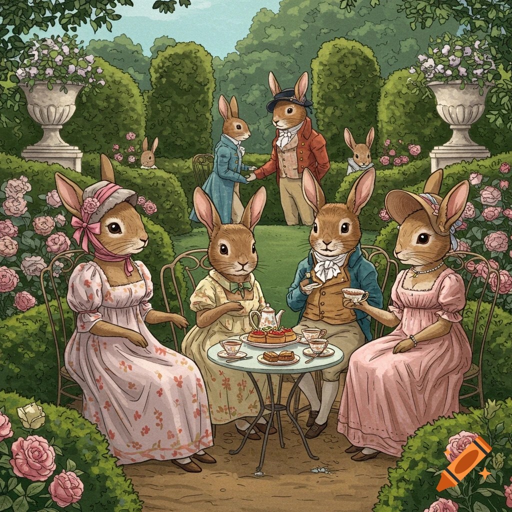 Illustration of anthropomorphic rabbits in historical clothing having a tea party in a rose garden.