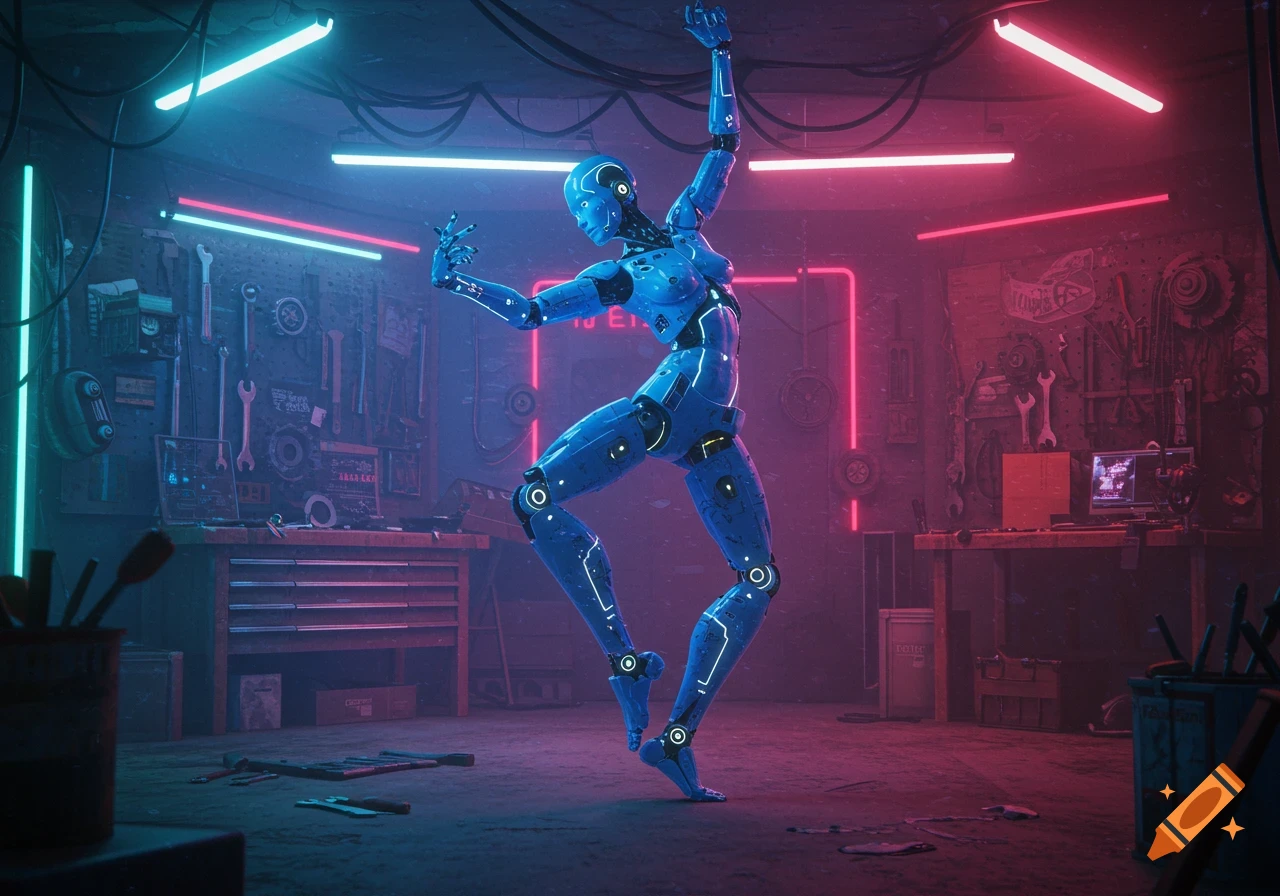 A blue futuristic robot dances in a neon-lit workshop.