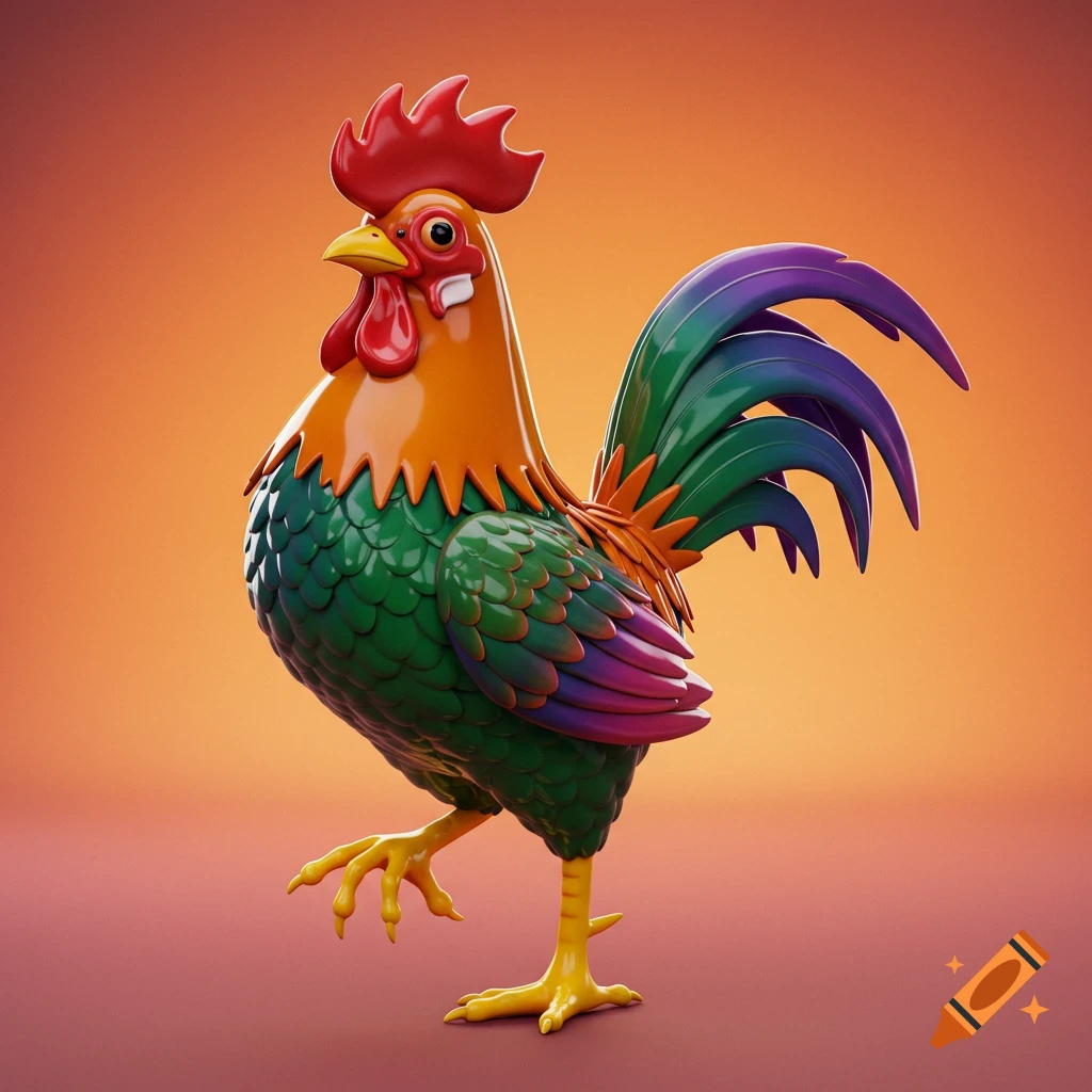 A colorful, stylized 3D rooster stands on one leg.