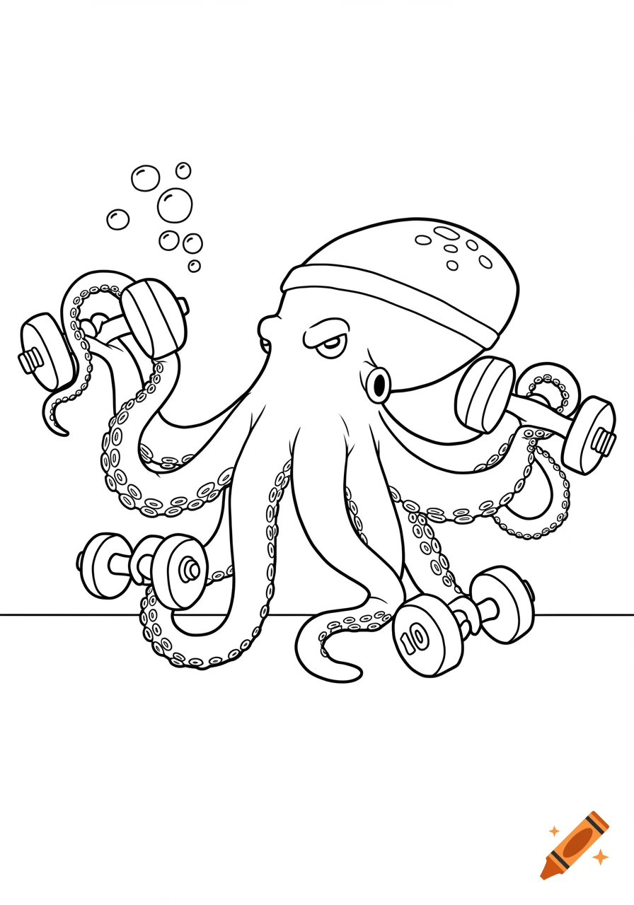 Black and white line drawing of an octopus doing weight training with dumbbells, wearing a sweatband.
