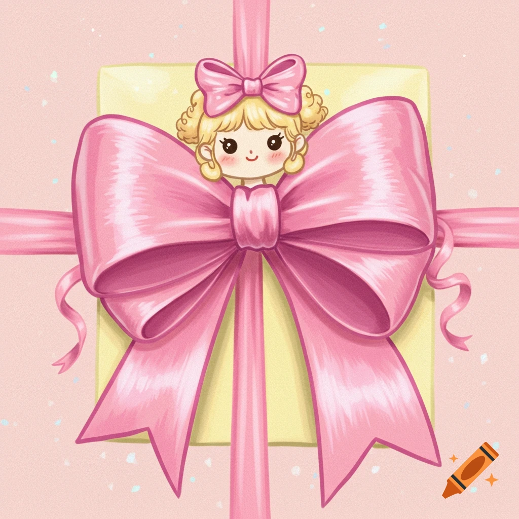 Cute character peeking from behind a large pink bow on a yellow gift box, illustration.