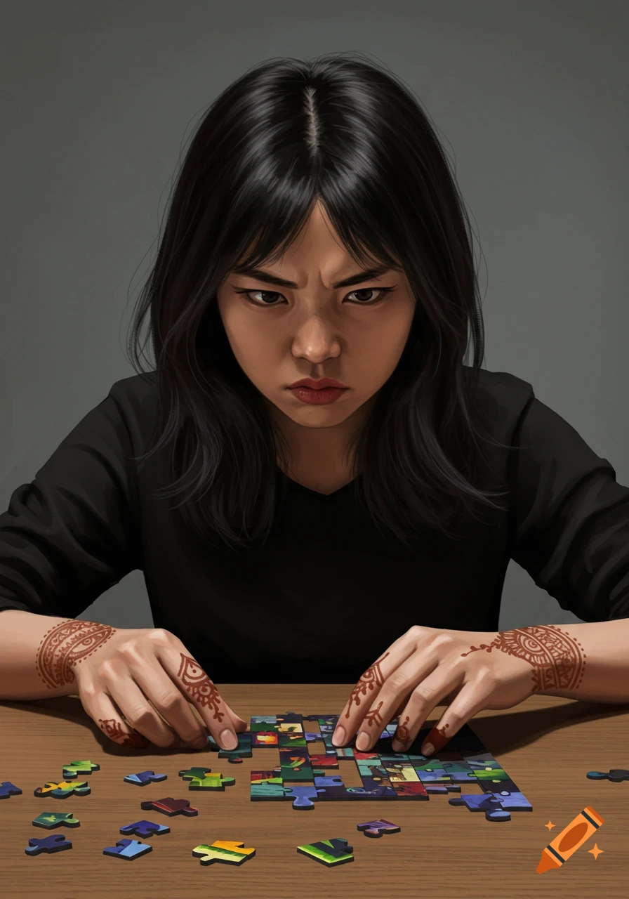 Realistic digital painting of a young woman intently focusing on assembling a puzzle with colorful pieces on a wooden table.