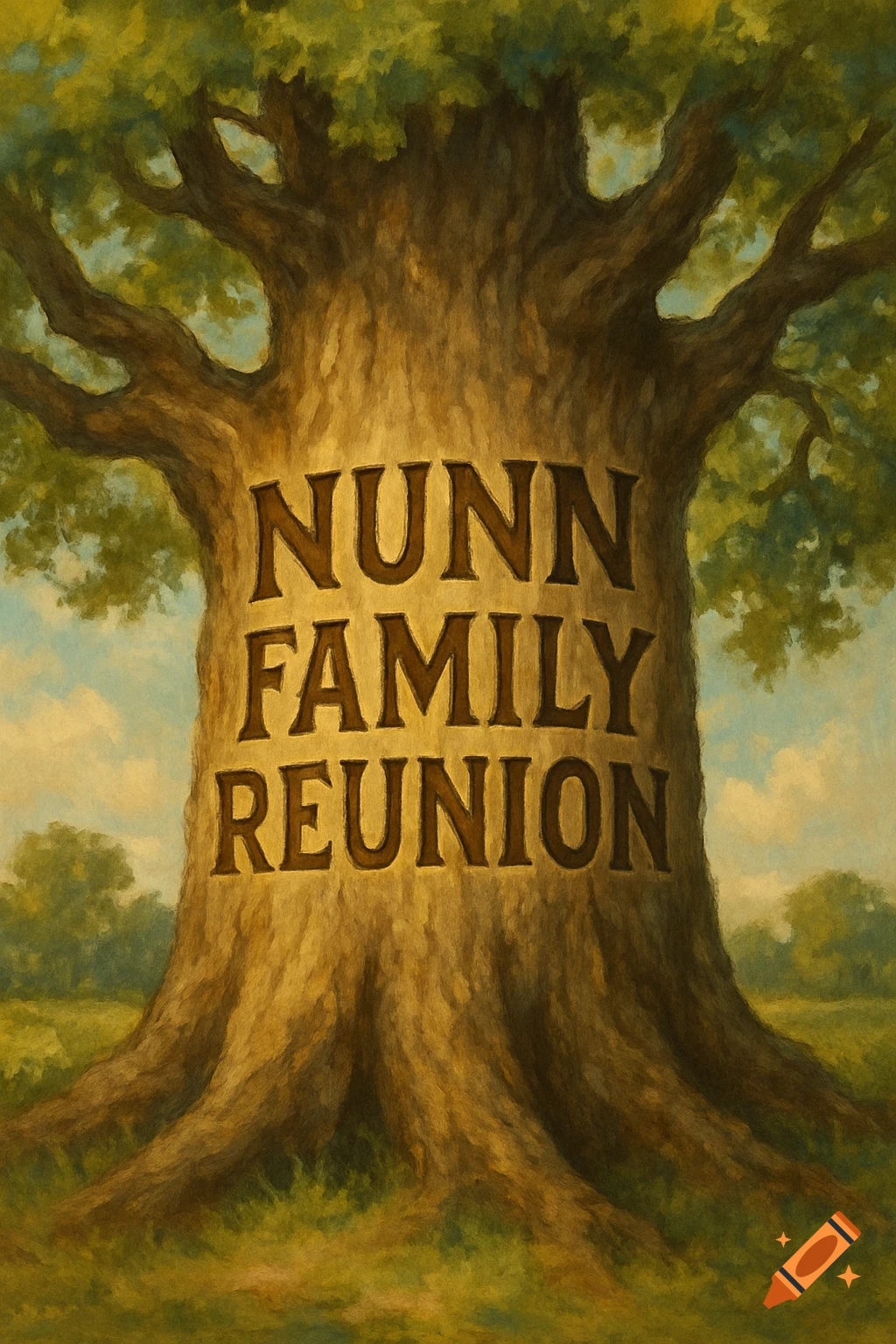Text NUNN FAMILY REUNION carved into a large tree in a field, painted style.