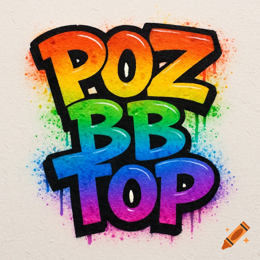 Graffiti logo spelling "POZ BB TOP" with a rainbow gradient
