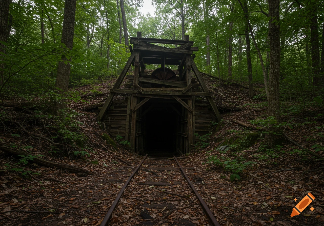 Abandoned mine entrance with wooden supports and railroad tracks leading into a dark tunnel in a dense forest.