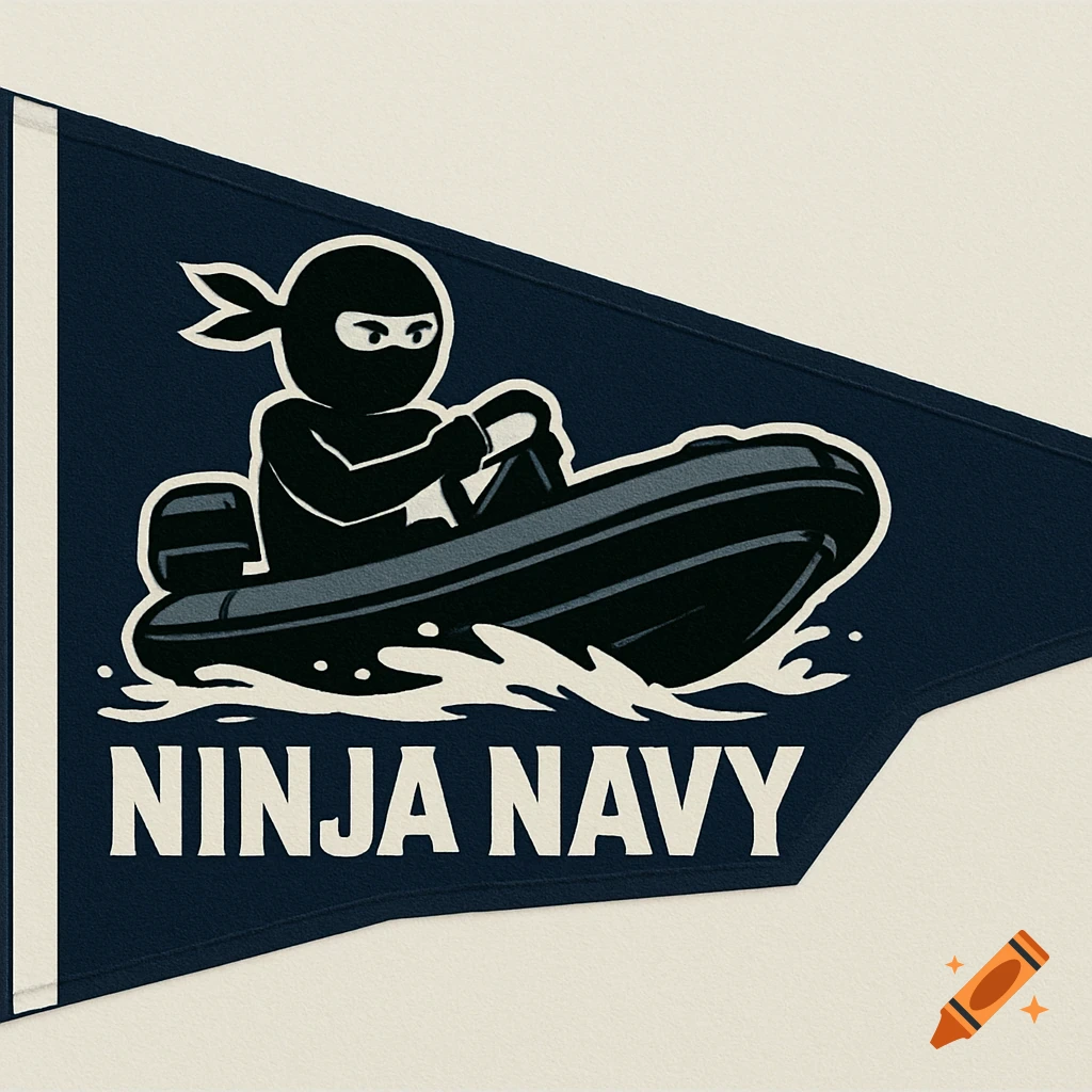 Logo with a ninja in a boat and the text NINJA NAVY