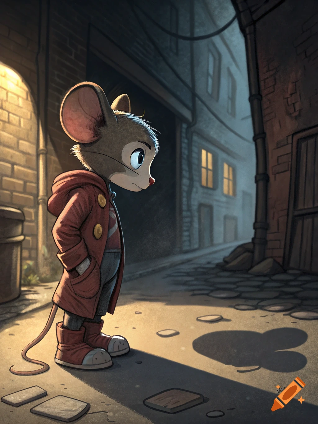A cartoon mouse wearing a red coat stands in a dark alley.