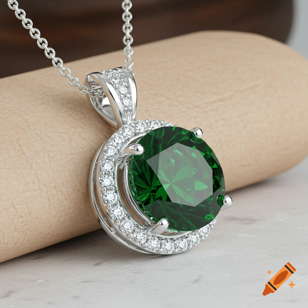 Close-up of a silver pendant with a large green gemstone and surrounding smaller white stones on a chain
