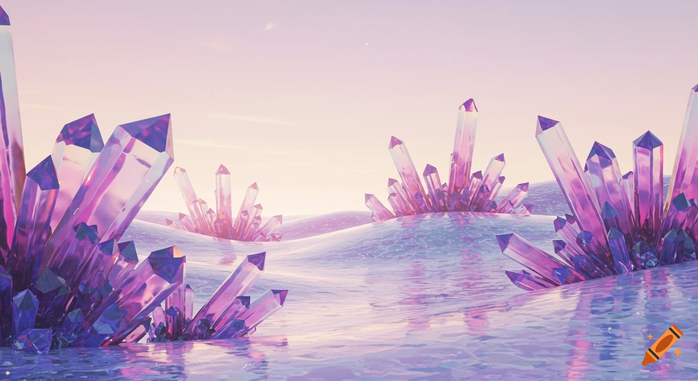 Purple and pink crystals rise from a reflective, wavy surface under a pale sky