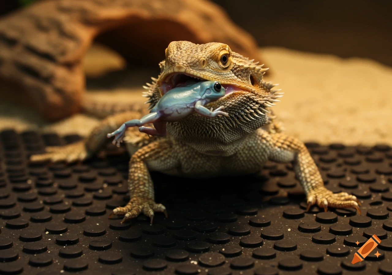 A bearded dragon holds a blue frog in its mouth.