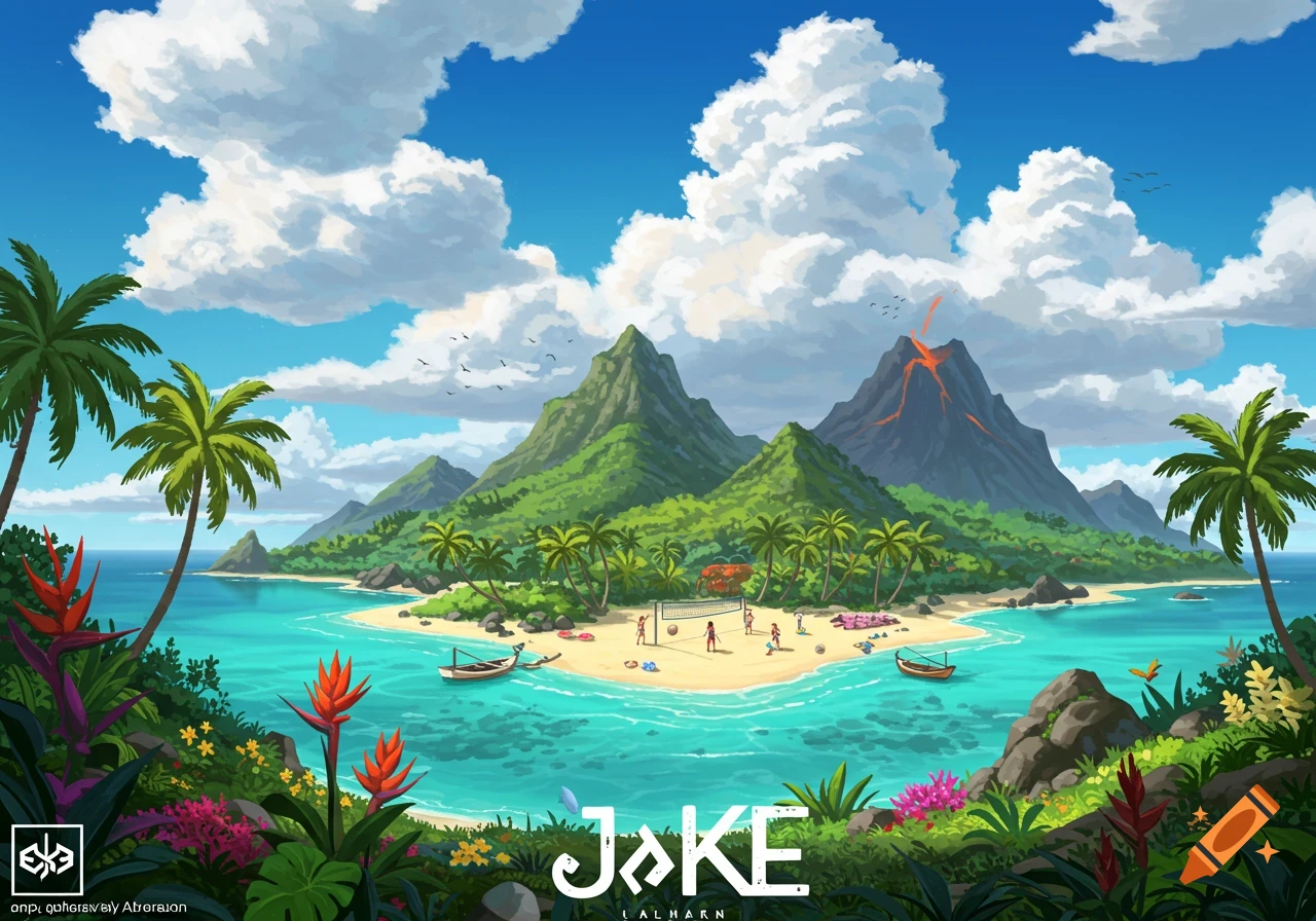 Cartoon tropical island with palm trees, beach volleyball, and a volcano.