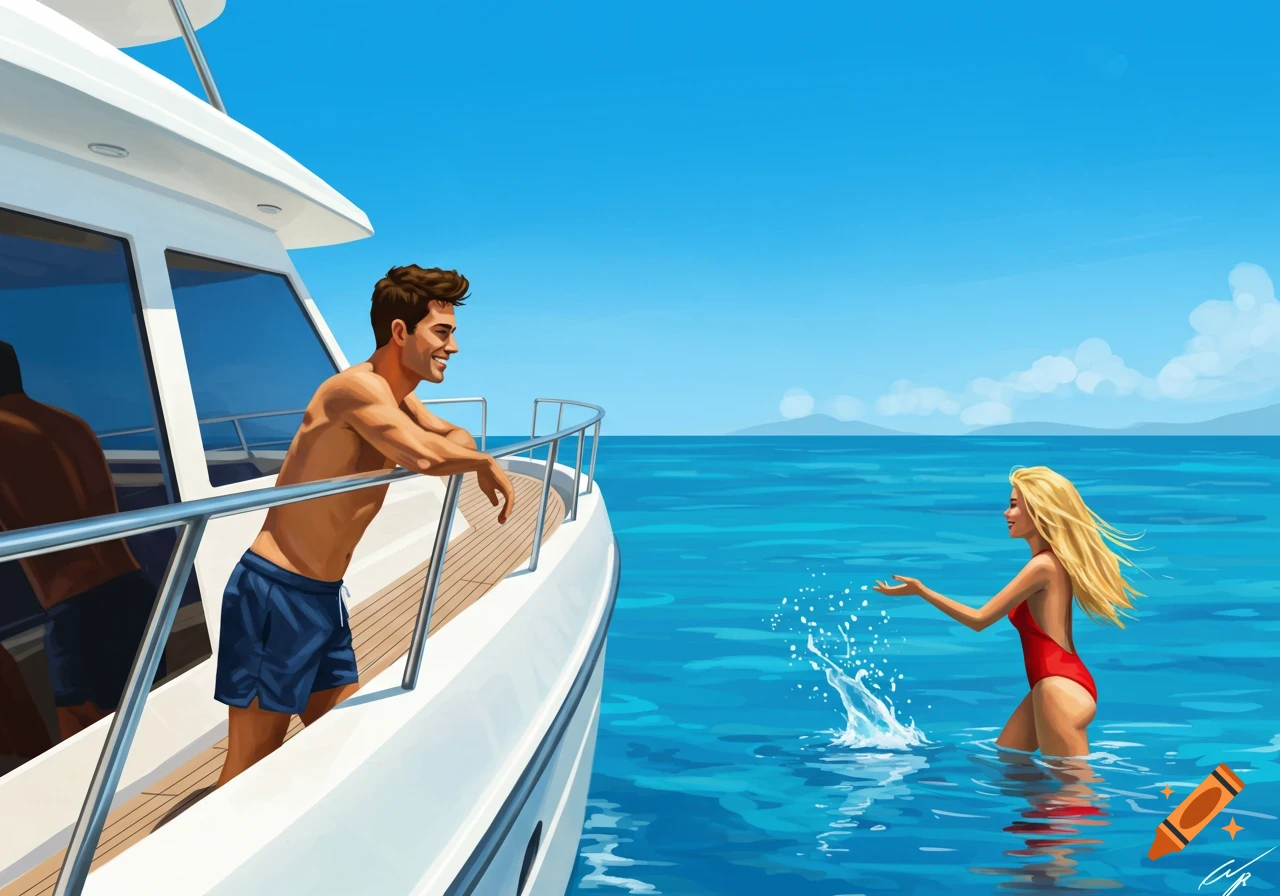 Illustration of a man on a boat looking at a woman splashing water in the ocean