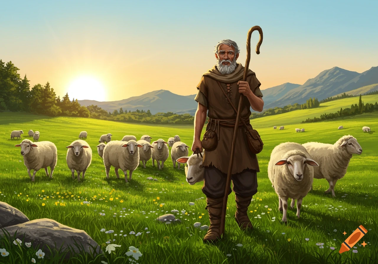 An old shepherd stands in a grassy field with sheep, holding a staff and a lamb's head, at sunset in a valley.