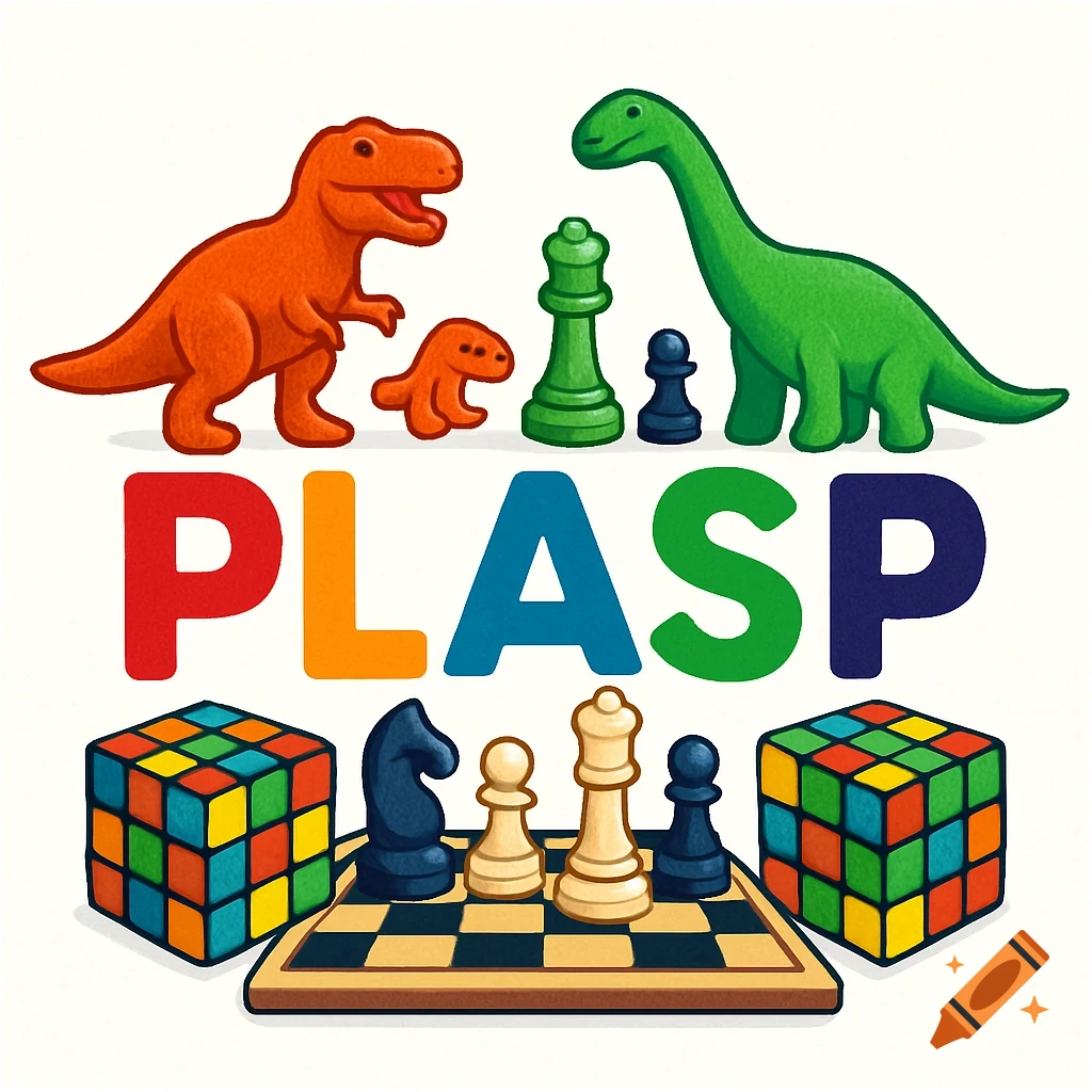 Colorful illustration of dinosaurs, chess pieces, and Rubik's cubes ...