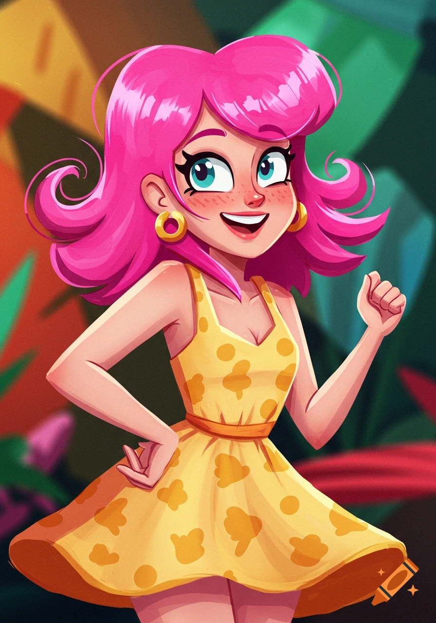 A cartoon illustration of a girl with pink hair, wearing a yellow polka-dot dress.