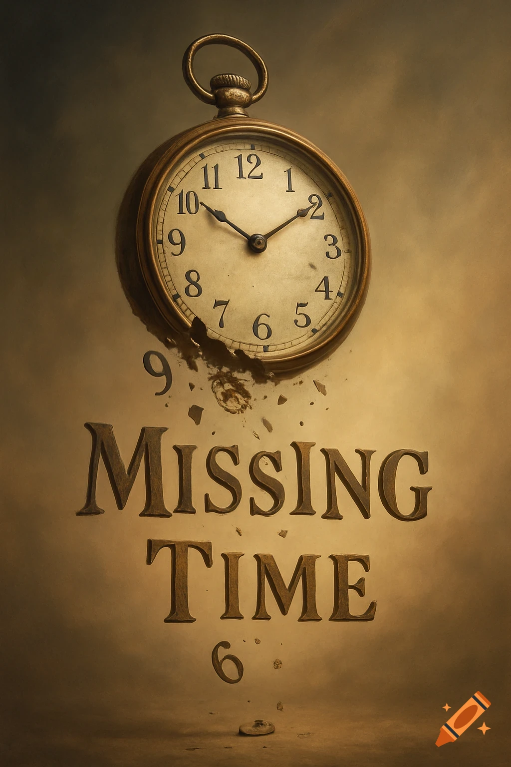 Surreal digital painting of a vintage pocket watch dissolving into pieces that form the words 'MISSING TIME'