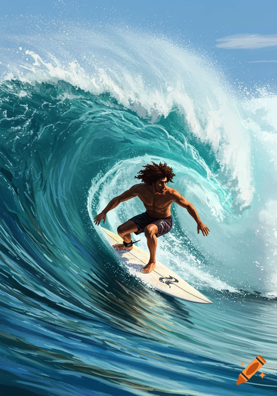 Illustration of a man surfing a large blue wave.