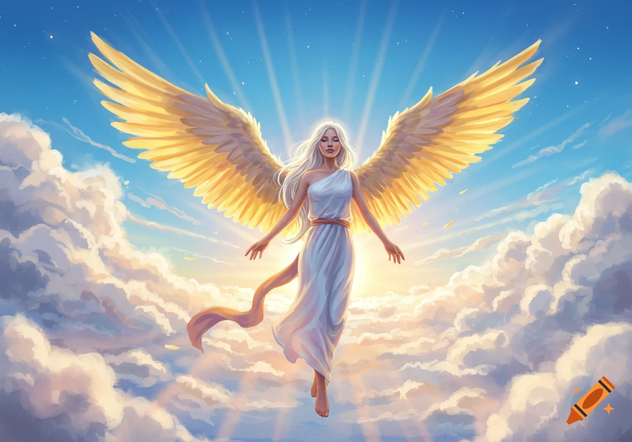 An angel with golden wings floats in a cloudy sky. on Craiyon