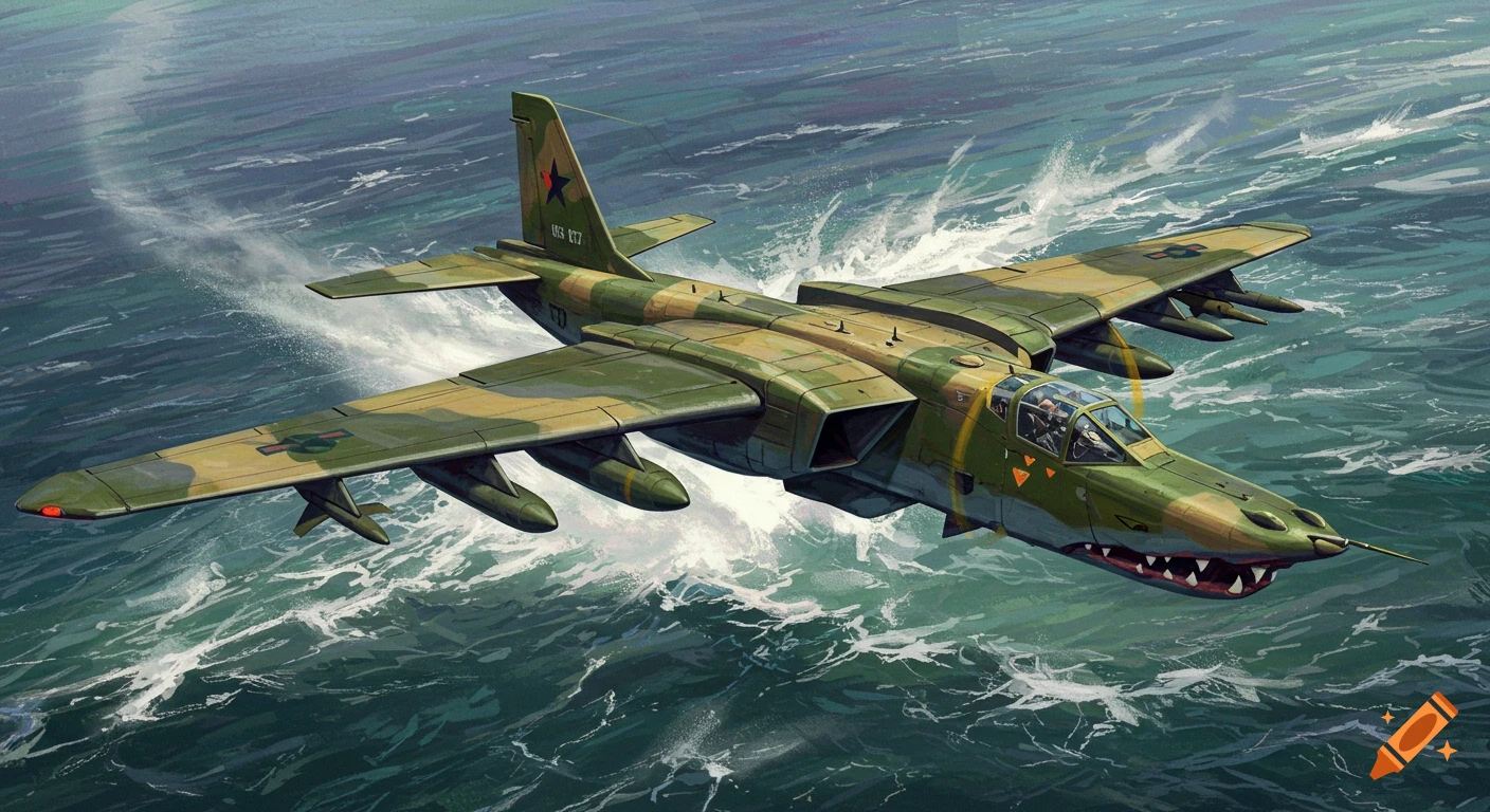 A camouflage military bomber aircraft with shark teeth painted on the nose flies low over choppy water.