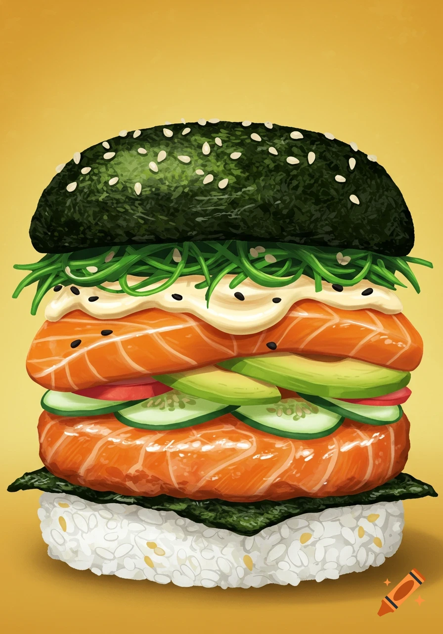 Stylized illustration of a sushi burger made with rice buns, salmon, avocado, cucumber, and seaweed.