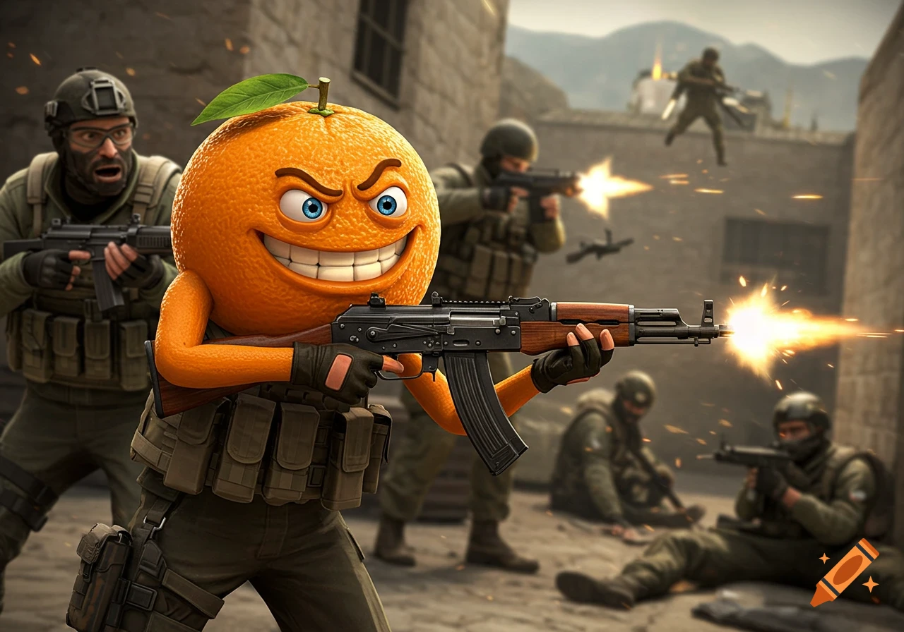 Annoying Orange character wearing military gear and holding a rifle in a combat scene with soldiers.