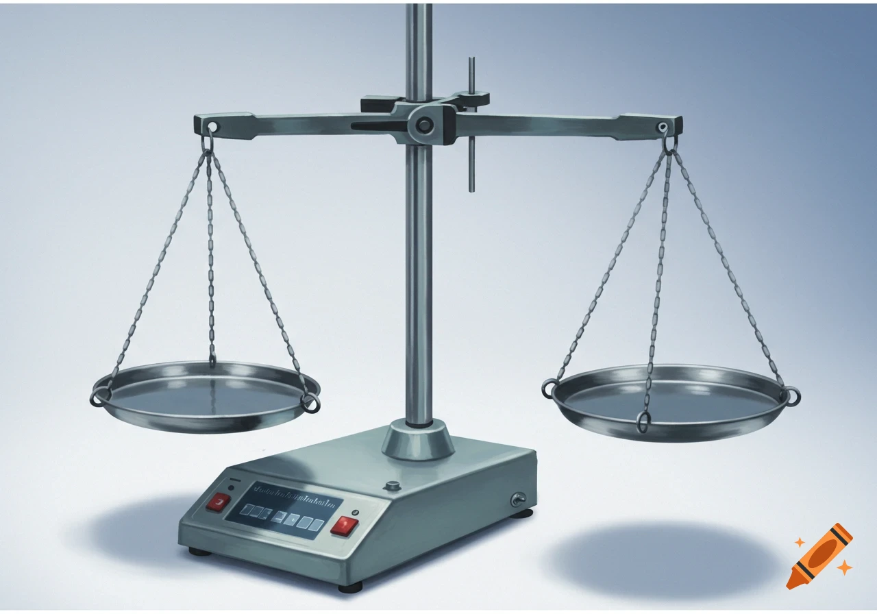 A laboratory balance scale with two hanging pans and a digital display.