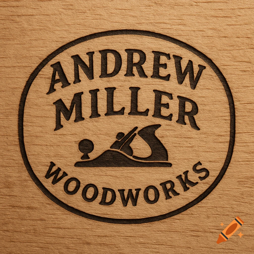 Branding iron logo for Andrew Miller Woodworks engraved into wood, featuring text and a hand plane icon.