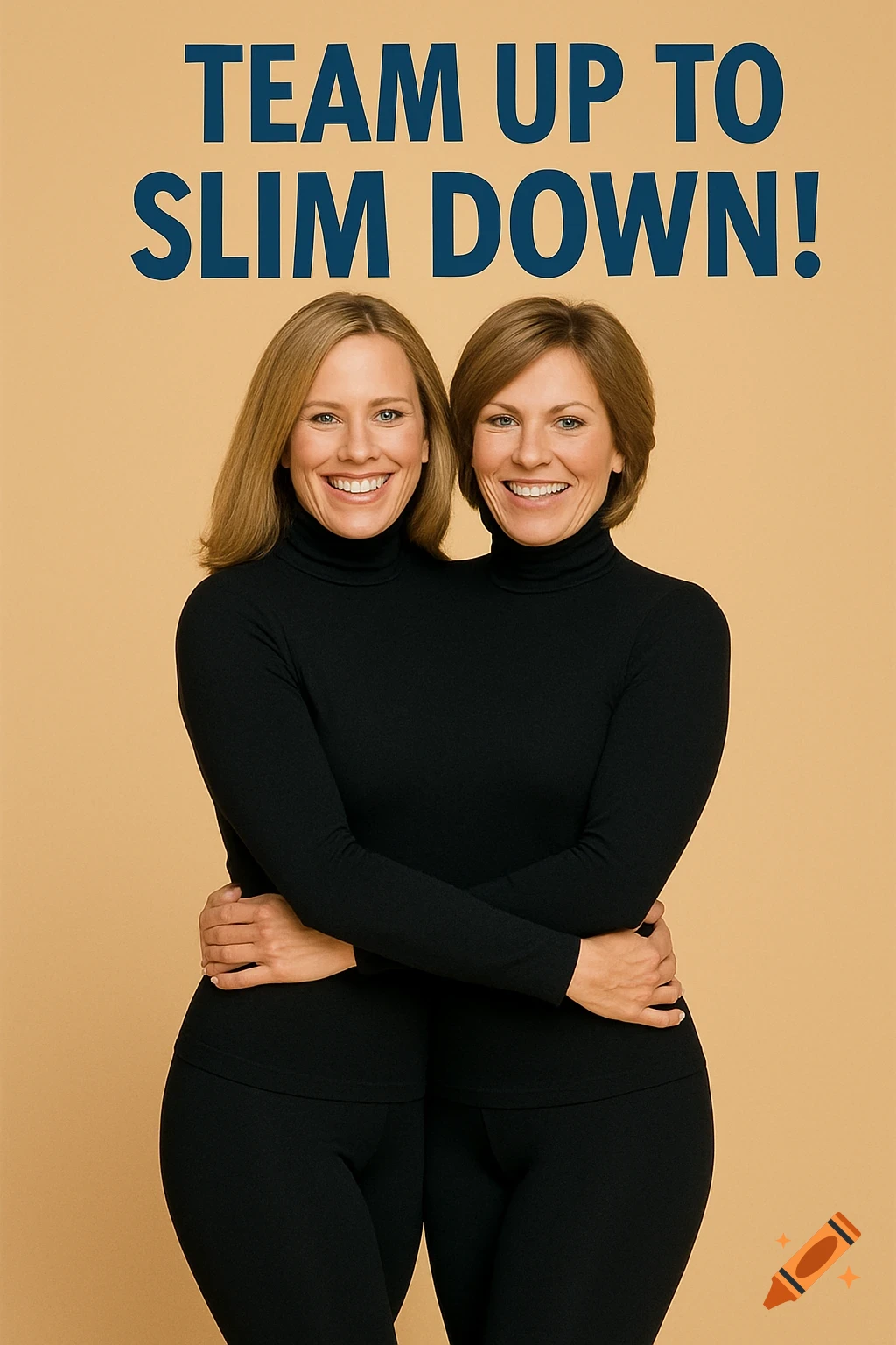 Two women in black turtlenecks hug, appearing fused together, under the text "TEAM UP TO SLIM DOWN!".