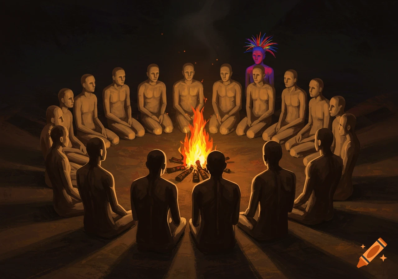 Abstract figures sit in a circle around a campfire while one watches from behind them.