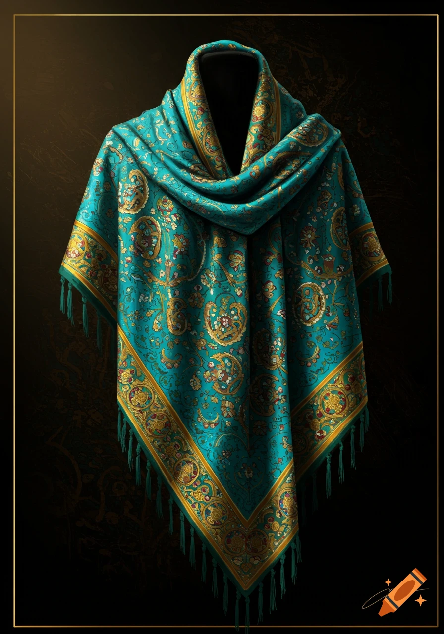 A decorative teal and gold stole or shawl with tassels is displayed on a dark background.