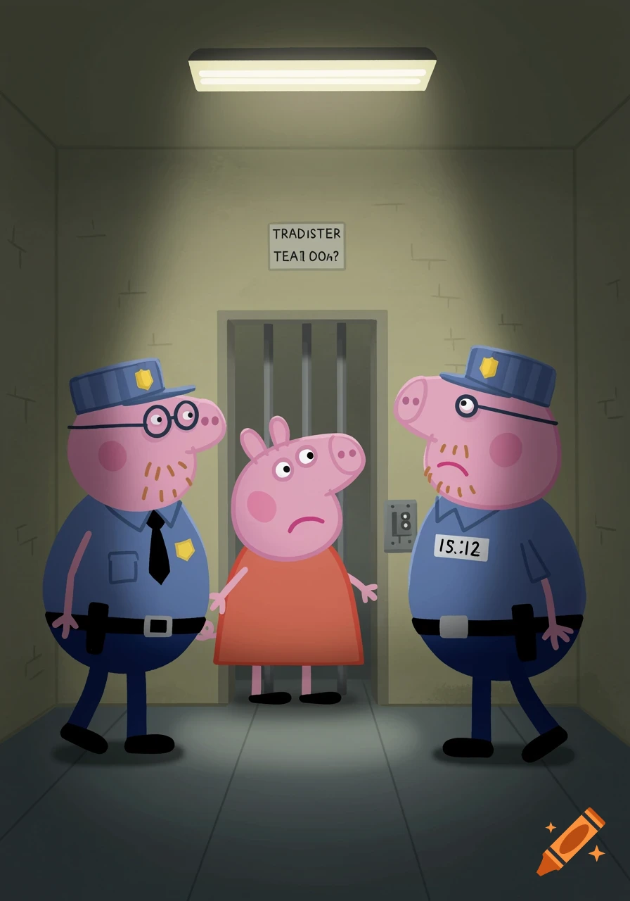 Peppa Pig stands between two police officers in a jail cell.