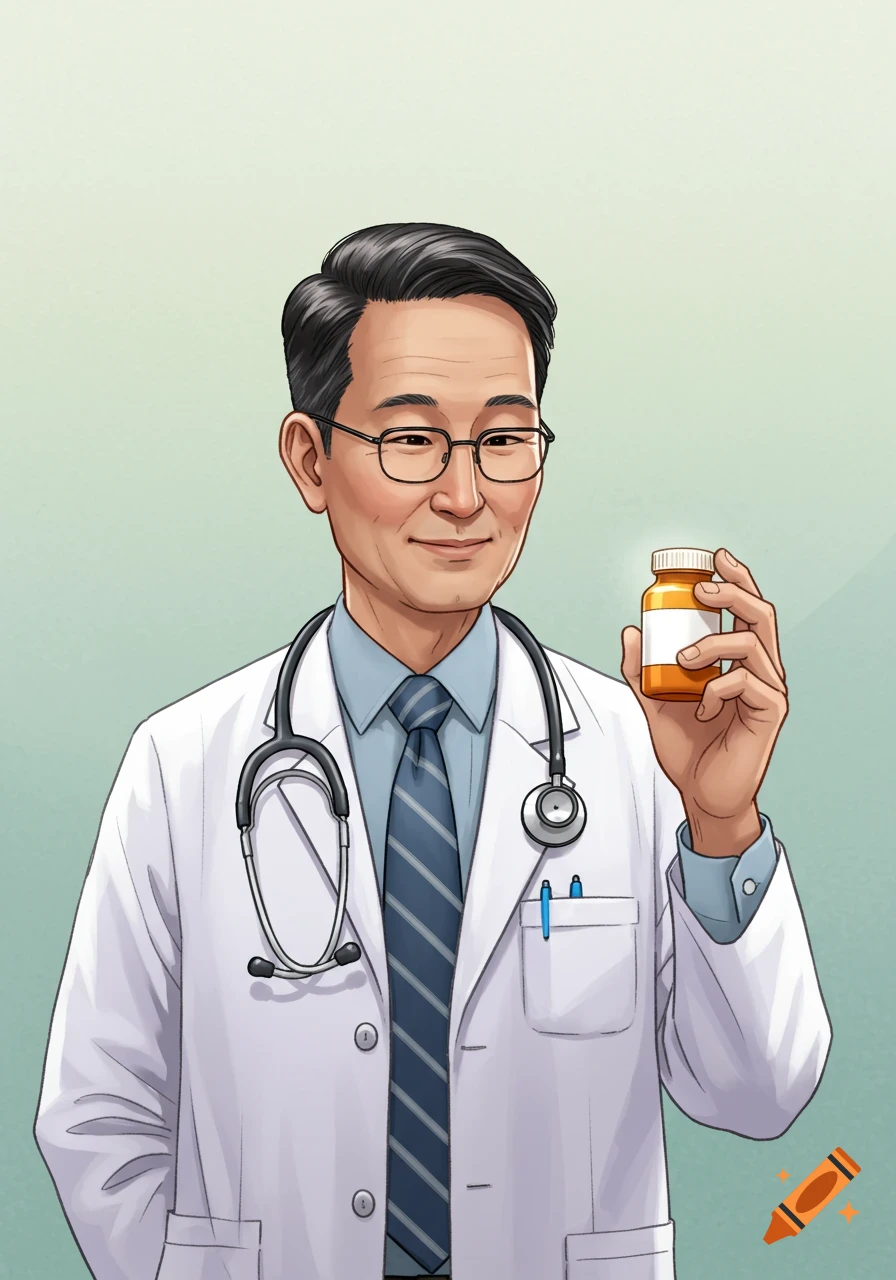 Smiling doctor in white coat holding a bottle of medication