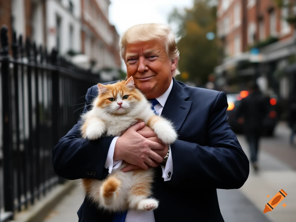 A man resembling Donald Trump holds a large fluffy cat on a street.