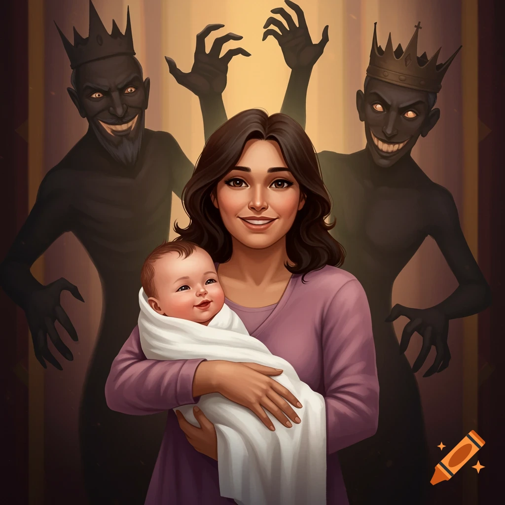A mother holding a baby with shadowy, crowned figures reaching over them.