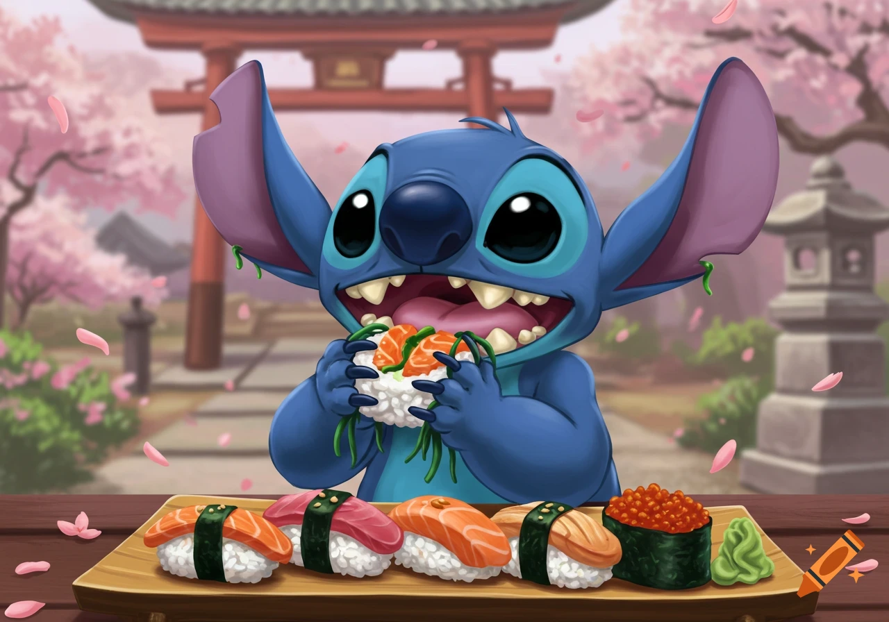 Stitch the character eagerly eats a large piece of sushi while more sushi sits on a plate in front of him, with a Japanese temple and cherry blossoms in the background.