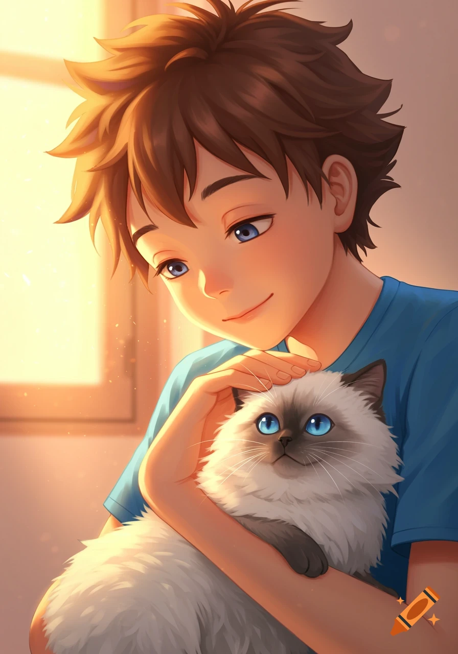Anime boy petting a cat bathed in sunlight.