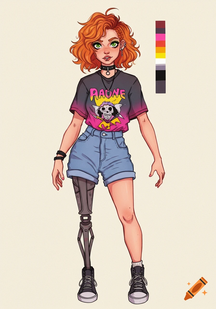 Stylized illustration of a young woman with ginger hair, a robotic leg, graphic t-shirt, and denim shorts.