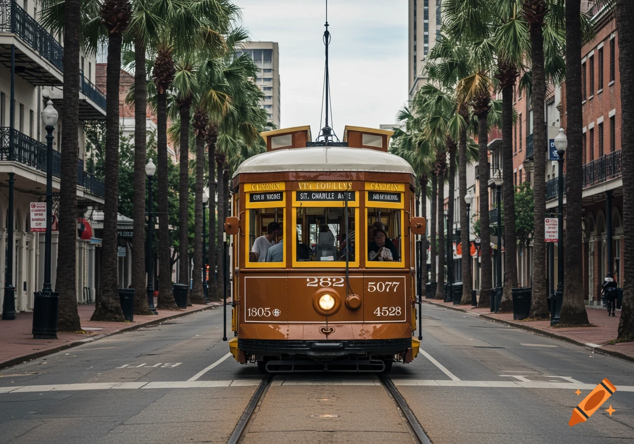 Front view of a brown streetcar traveling down a street lined with palm trees and buildings.