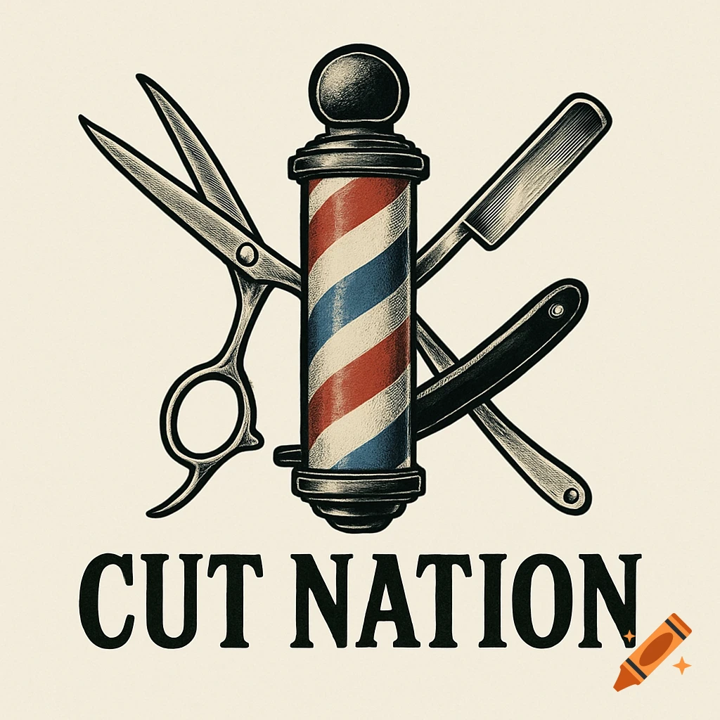 Logo of barber pole, scissors, and razor with text 'CUT NATION' in vintage style.
