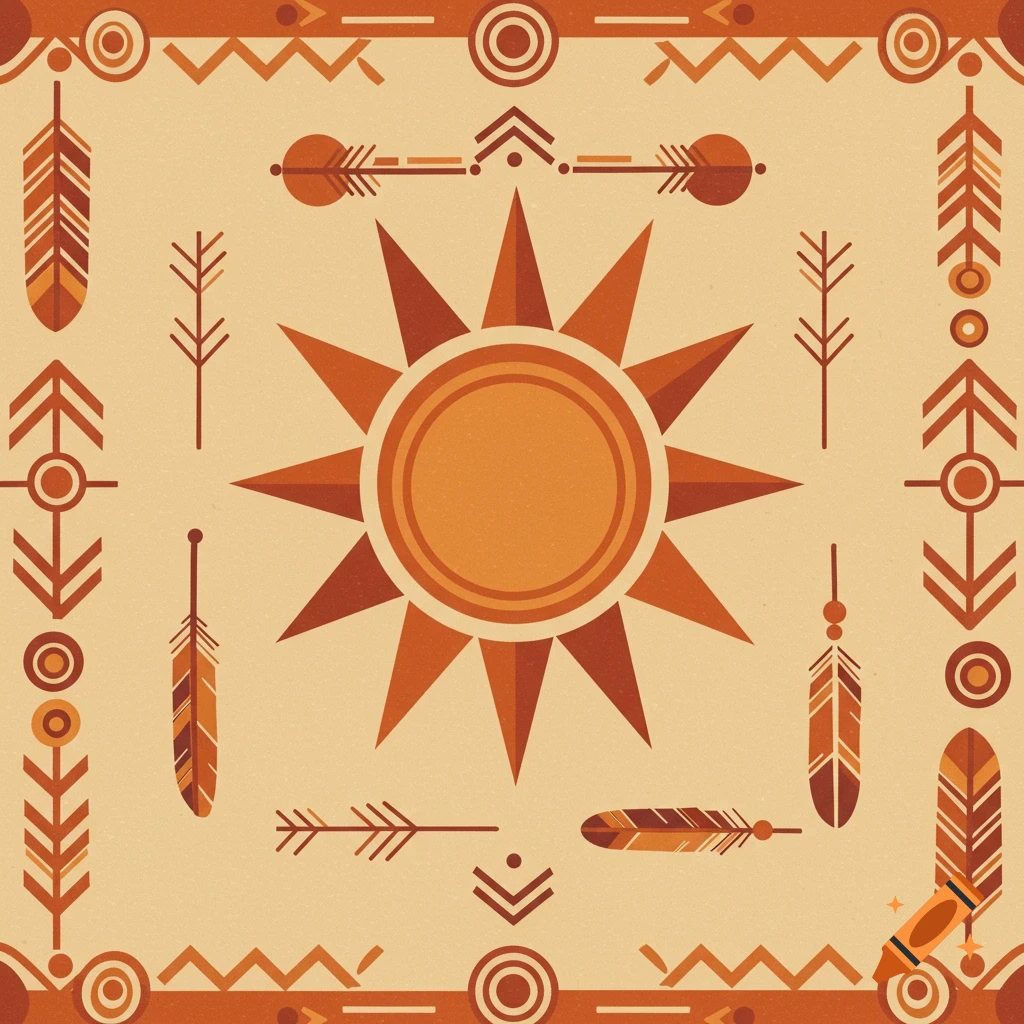 Minimalist tribal art pattern with a central sun symbol, feathers, and arrows on a textured background.